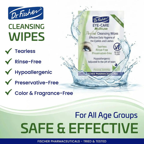 Packaging of Dr. Fischer Eye Care Hypoallergenic Preservative Free Eyelid Wipes For Sensitive Eyes Twin Pack highlighting benefits