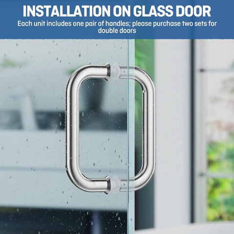 Polished Chrome 6-Inch Tubular Back-To-Back Shower Door Handle installed on glass door