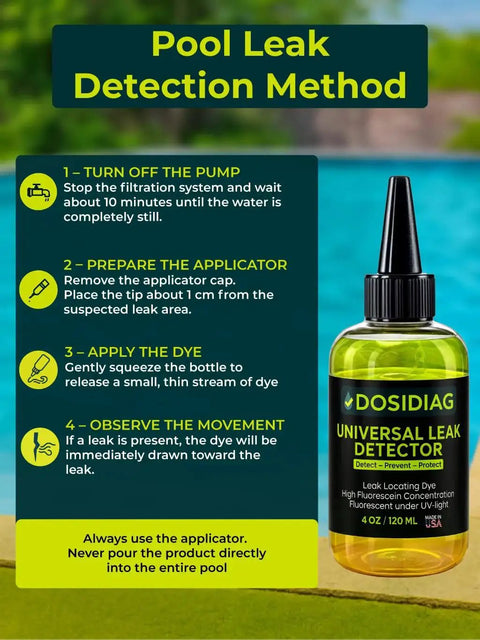 Universal Leak Detector Tracer Dye For Pools Spas Plumbing Roofs And Cars With High Visibility And 100 Percent UV Compatible Formula Bottle