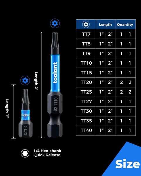 Impact Torx Bit Set 27 Pc Security Tamper Proof S2 Steel With CNC Machined Tips, 1 Inch And 2 Inch Long Bits For Impact Drivers, Magnetic Bit Holder, Storage Box, TT7 To TT40 showing bit sizes and specifications