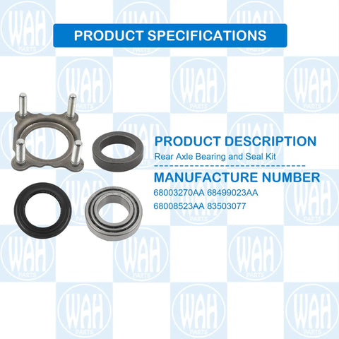 Rear Axle Bearing And Seal Kit For 2007 To 2017 Jeep Wrangler JK And JKU, Axle Shaft Seal Retainer, Ready To Roll Upgrade With 68008523AA 68003270AA 68499023AA 83503077 displayed with product specifications