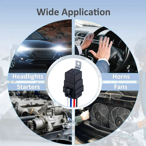 4 Pin 12V DC IP65 Waterproof Relay Harness Kit With Heavy Duty 40/30 Amp Rating 12 And 16 AWG Tinned Copper Wires SPST Automotive Relay image showing wide application for headlights, horns, starters, and fans