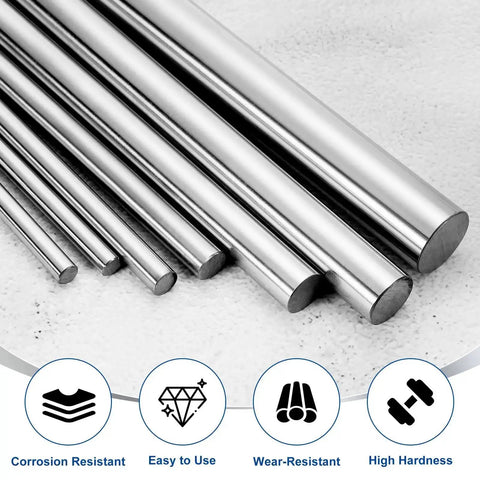 Linear Motion Rods 6mm x 350mm Set Of 2 Solid Case Hardened Chrome Plated Rails Shaft Guides for CNC machines shown in various sizes.