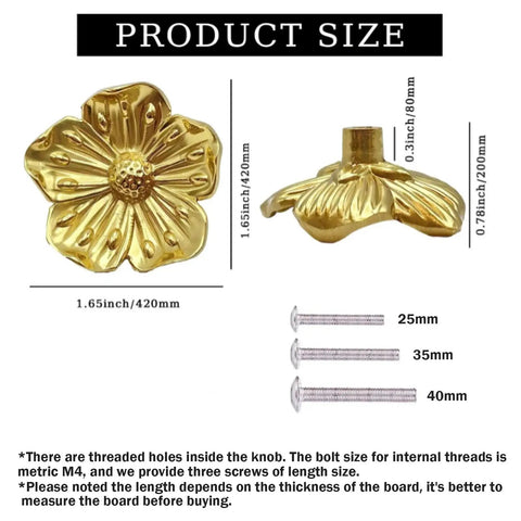 Gold Flower Dresser Knob Set 4 Pack Brass Floral Cabinet Knobs For Dresser Drawers Kitchen Cabinets And Bathroom Vanity Hardware Includes Multiple Screw Lengths Decorative Vintage Inspired Hardware product size and screw lengths