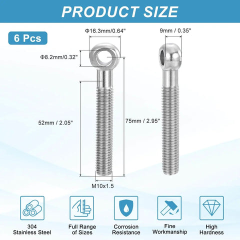 Diagram showing two 6 Pcs M10x75mm Shoulder Swing Lifting Eye Bolts, 304 Stainless Steel Fisheye Eye Slip Hole Rigging Bolts, 75mm length, measurements labeled.