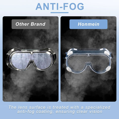 Comparison of Anti Fog Safety Goggles Over Glasses For Lab Woodworking Painting 2 Pack with anti-fog coating versus other brand.