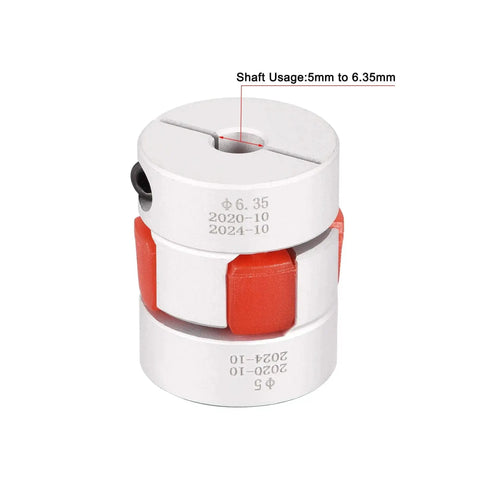 5mm To 6.35mm Bore Flexible Jaw Coupler For Servo Motors, L31xD25 Shaft Joint, shown in aluminum alloy with red flexible insert