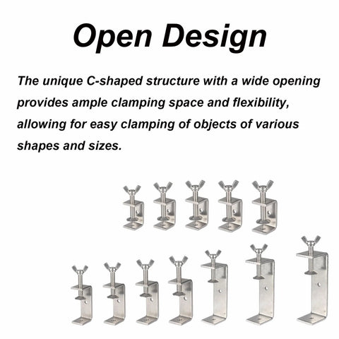 Begot 304 stainless steel C clamps with wide-jaw opening and wing bolts, 130mm (5.12in), set of multiple units