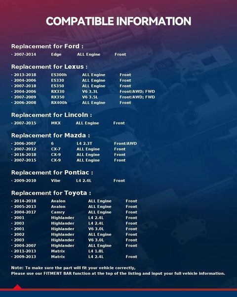 List of vehicle compatibility for front wheel bearing models, including Ford, Lexus, Mazda, Pontiac, Toyota.