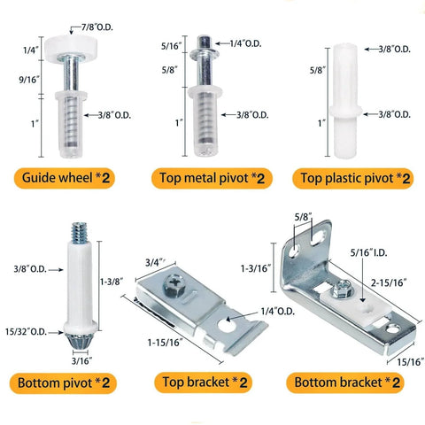 Bifold Door Hardware Repair Kit, 2-Pack Bifold Closet Door Hardware Kit components, including pivots, brackets, and guide wheel with measurements.