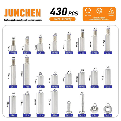 Ultimate Hex Spacers And Standoffs Hardware Kit With 430 Pcs Stainless Steel M3 Metric Bolts Nuts Washers displayed