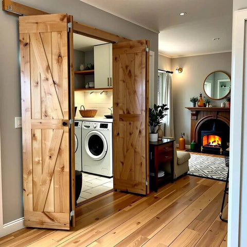 Double 38 By 84 Inches Unfinished Alder Wood Bifold Barn Doors With Low Clearance Box Rail Sliding Hardware Set installed in living room