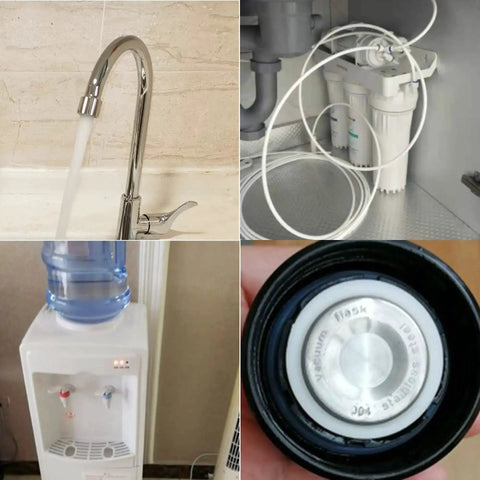 Image of a faucet, under-sink water filter, water cooler, and close-up of a white gasket seal.