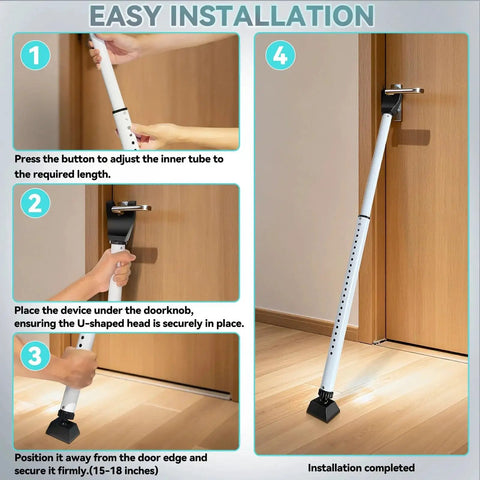 Adjustable Sliding Door Security Bar 25-45 Inches Heavy Duty Rust Resistant Steel No Tool Installation White in use with door