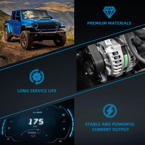 Beefed-Up 160 Amp Alternator For 2012 To 2023 Jeep Wrangler And Gladiator 3.6L V6 12V 6-Groove Pulley Direct-Fit Replacement Plug-And-Play Install Heavy-Duty Power Boost Today with digital display and Jeep in landscape.