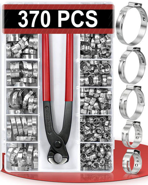 Hydencamm 370-piece stainless steel hose clamp set with pliers, 15 sizes (5.3–33.1mm)
