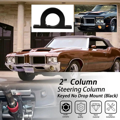 2 Inch Billet Universal Steering Column Keyed No Drop Mount For Aftermarket, black aluminum, shown with cars and installation.