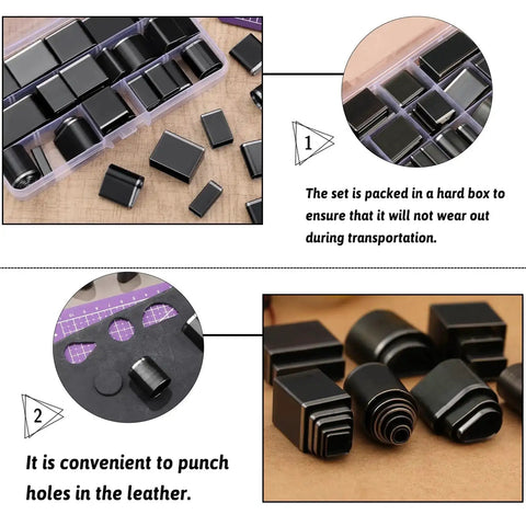 52 Shape Style Leather Hole Punch Tool Set With 52 Shapes, showing punches and storage case for leather crafting