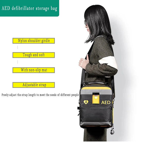Person holding Durable AED Defibrillator Pouch for AED120MC with two layer design and reflective strips, portable medical storage bag
