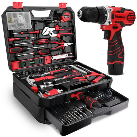 276-Piece Tool Set Kit With 12V Cordless Drill Driver, Portable Toolbox With Drawer, Heavy-Duty Storage Case, tools displayed