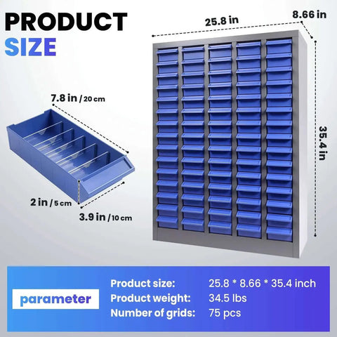 Heavy Duty 75 Drawer Small Parts Organizer For Nuts, Bolts And Tiny Hardware, Rugged Metal Storage Cabinet With 75 Drawers For Garage, Workshop, And Home Use; dimensions 25.8x8.66x35.4 inches.