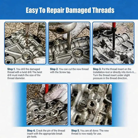 Steps showing how to use M12 X 1.25 Thread Repair Kit With Helicoil Inserts And HSS Drill Bit, 10 Piece Wire Thread Inserts, For Rebuilding Damaged Threads In Aluminum And Steel, Quick Rethread Tool For DIY Auto And Machinery Repairs on a metal surface.