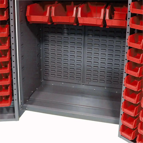 Interior view of Deep Door Bin Cabinet With 68 Red Plastic Bins Padlockable Steel Cabinet For Tool And Parts Storage