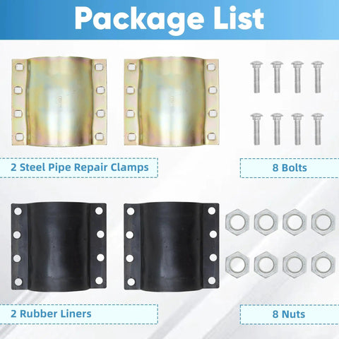 Package contents for Emergency 4 Inch Water Pipe Repair Clamp Kit including steel clamps, rubber liners, bolts, and nuts.