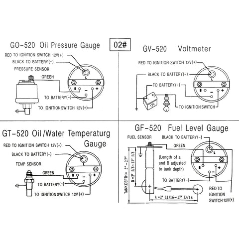 Diagram of auto gauge wiring for voltmeter, oil, and water temperature in 12V systems, part of Three In One Auto Gauge Meter Kit 52mm.