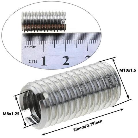 Close-up of stainless steel thread adaptor sleeve reducer, M10x1.5 male to M8x1.25 female, 20 mm long