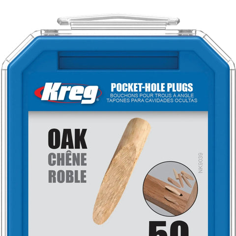 Solid Oak Pocket Hole Plugs for Concealed Joints Wood Finish Plug Set 50 Count package front view