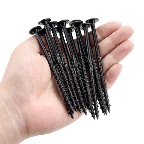 Person holding Heavy Duty Exterior Wood Screws No 14 X 4 Inch, 50 Piece Set With Self Drilling Tips And Serrated Threads