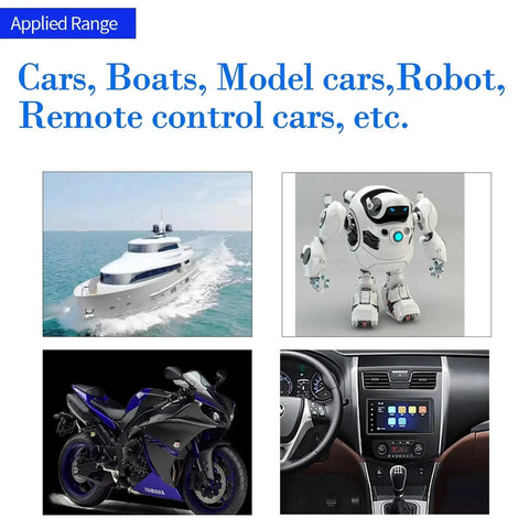 Collage of a yacht, robot toy, motorcycle, and car dashboard showcasing diverse applications.