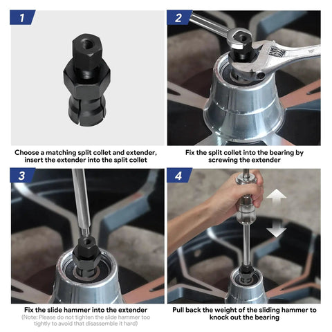 Step-by-step usage of Motorcycle Bearing Puller Kit With Blind Puller And Slide Hammer Set for easy bearing removal