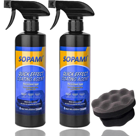 Two bottles of Quick Acting Car Coating Spray With Persistent Liquid Glass Finish Dope Shine Multifunction Coat Renewal Agent For Durable Protection And Bead Worthy Hydrophobic Shield 2 Pack with an applicator pad.