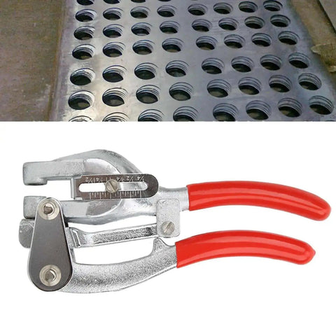 Hand Held Hole Punch Kit For Steel And Metal With Adjustable Depth Pliers, Versatile DIY Punch Tool, includes punched sheet example.