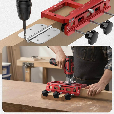 Pro Grade Aluminum Door Hinge Jig And Router Template for Diy Woodworking, adjustable mortiser in use on wood plank