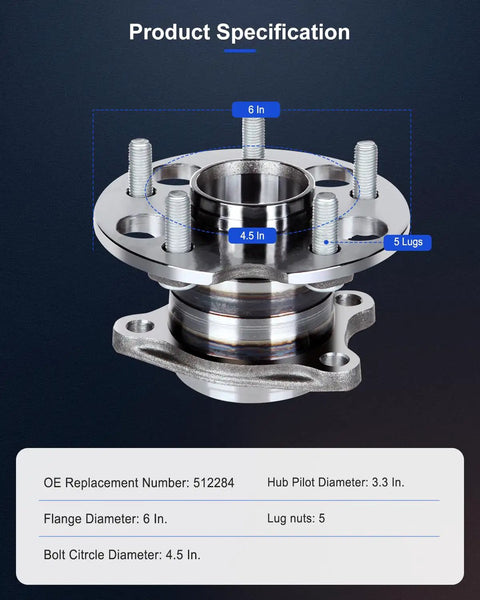 Rear Wheel Hub Bearing Assembly For AWD Ready To Roll Fits Lexus RX330 2004 To 2006 RX350 2007 To 2009 RX400h 2006 To 2008 Highlander 2004 To 2013 Venza 2009 To 2013 5 Lug 512284 Without ABS, 5-lug design with specifications shown.