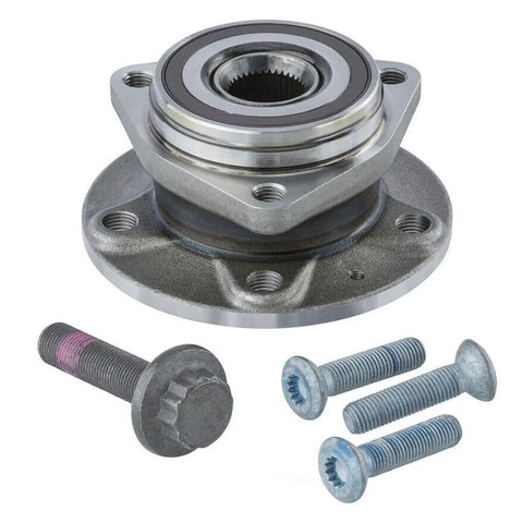 Pair Front Wheel Bearing Hubs Assembly For 2015-2020 Volkswagen Golf, 2019-2023 Jetta, 2015-2020 Audi A3, 2015-2021 GTI, And 2018-2024 Tiguan, 5 Lug 3-Bolt Flange Front Left And Right Replacement Kit For Your Ride; showing close-up of hub with bolts.