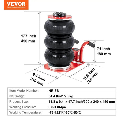 3 Ton Triple Bag Air Jack For Cars, Fast 5 Second Lift, 6600 Lbs Capacity, Lifts From 5.3 Inches To 15.75 Inches, Heavy Duty Pneumatic Car Lift With Short Handle, Red, showing dimensions and specifications.