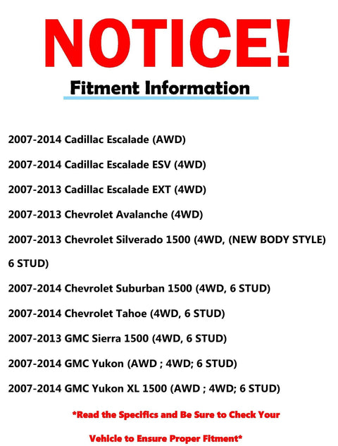 Fitment information for 4WD Front Wheel Bearing Hubs And CV Axles Kit for various GM models from 2007-2014, including Escalade and Sierra.