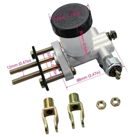 Heavy Duty Go Kart Hydraulic Brake Master Cylinder Replacement For 90cc To 250cc Go Karts And ATVs Aluminum Alloy Construction Braking System Master Cylinder Compatible With Sunl Kandi Roketa Kazuma Kinroad TaoTao Twister, showing measurements and components