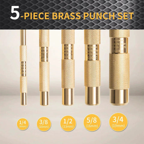 Image of a Five Piece Brass Punch Set For Non Marring Removal And Repair With Pins In One Quarter, Three Eighths, One Half, Five Eighths, Three Quarters Inch Pins