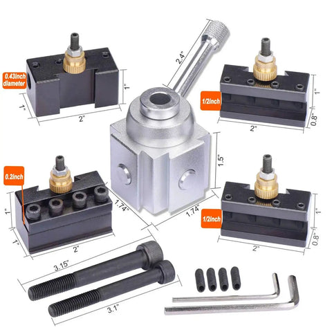 Workhorse Mini Lathe Quick Change Tool Post For Dovetail Tenon, JWGJW 120034, AXA Tool Holder with accessories shown