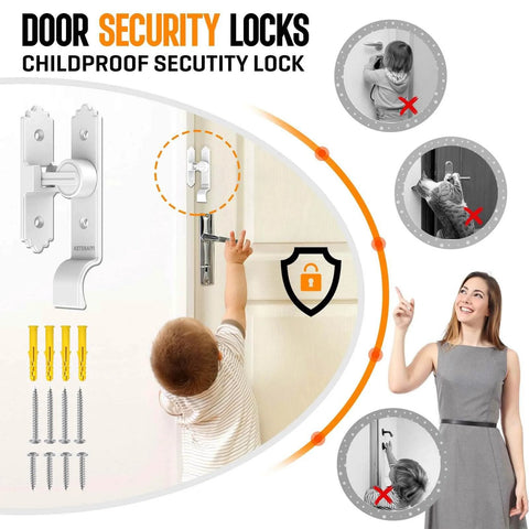 Childproof security lock preventing child from opening door, with installation guide and screws, shown in use by mother and child.