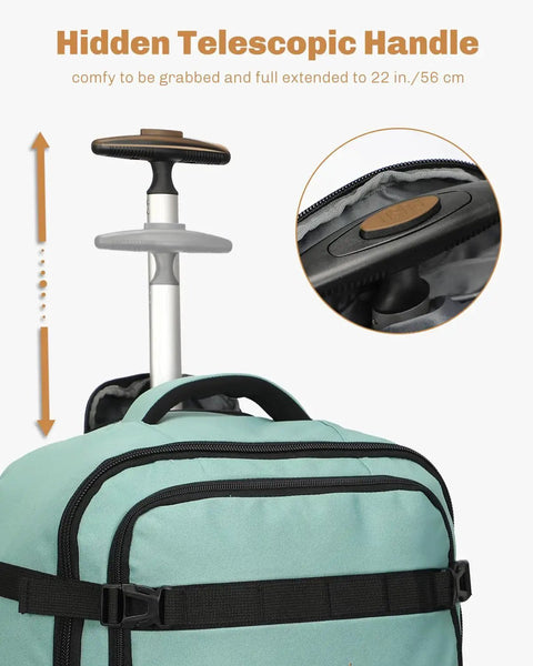 Rolling Backpack 42L With Wheels Airline Approved Carry On Luggage Laptop Travel Bag Mint Green showing hidden telescopic handle