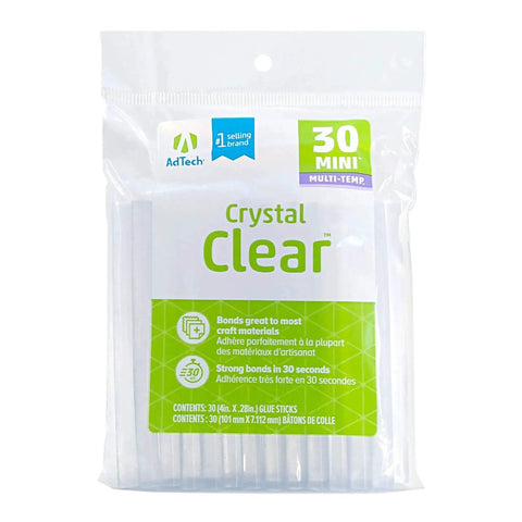 Hot Glue Sticks Mini 4 Inch Clear 30 Pack Multi Temp Wood Metal Glass Fabric in packaging