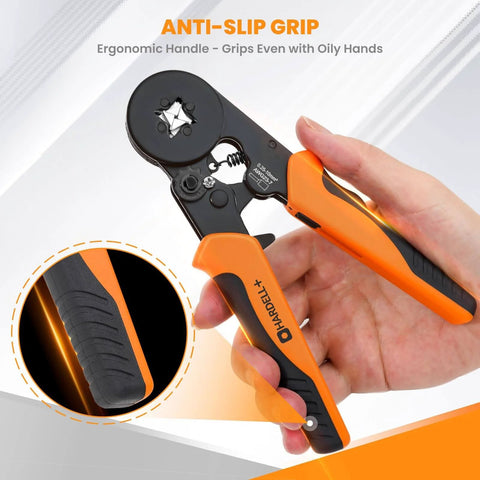 Person holding Ferrule Crimping Tool Self Adjusting Ratchet For AWG 23 To 7 Wire Square Ferrule Kit with ergonomic orange handles