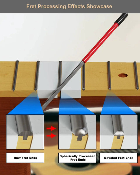 Illustration of Double-Sided Fret End File for Guitar Fret Dressing and Deburring showing effects on fret ends.