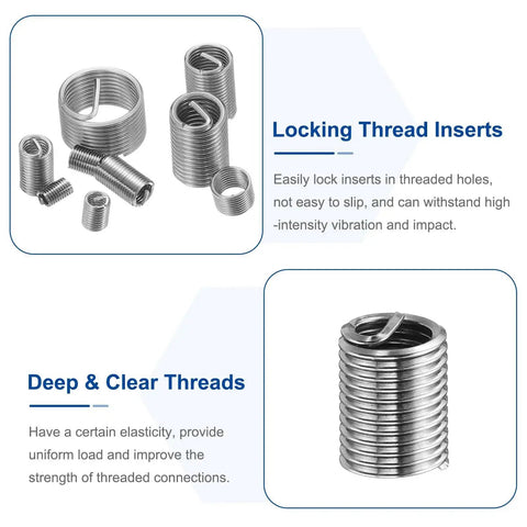 Wire Thread Inserts M5 x 0.8 Helical 2D 10mm Stainless Steel 304 Coiled Thread Repair Kit 50 Pieces For Mechanical Equipment And DIY Metal Repairs For Versatile Machinery Repair And General Metalwork, showing locking thread inserts and deep threads.
